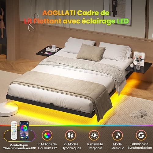 AOGLLATI Lit 2 Personnes avec 2 Étagères de Chevet,Cadre de Lit avec 140 x 190 avec Sommier Métal,Multiprise et Éclairage LED, 24 CM de Rangement pour Chambre, Noir thumbnail 5