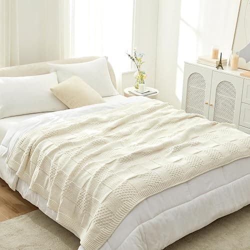Amélie Home Checkered Chenille Knit Throw Blanket for Couch, Classic Texture Decorative Soft Blanket for Sofa, Chair & Bedroom, 50"x60", Ivory thumbnail 6