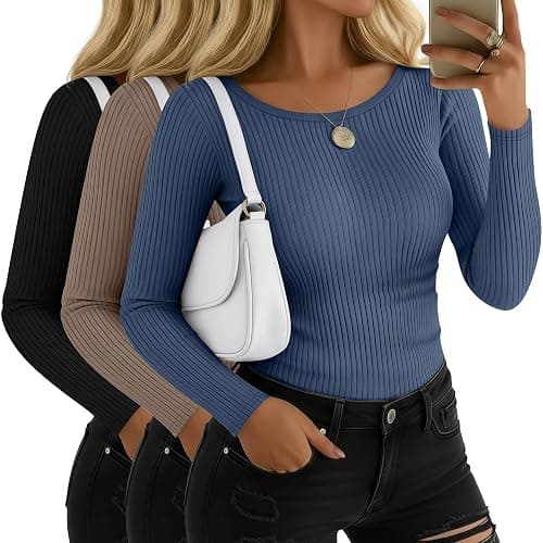 Riyiper 3 Pack Women's Long Sleeve Shirts, Cotton Crew Neck Ribbed Tops Slim Fit Casual Knit Tees Stretch Basic T Shirts 2025 - Image 1