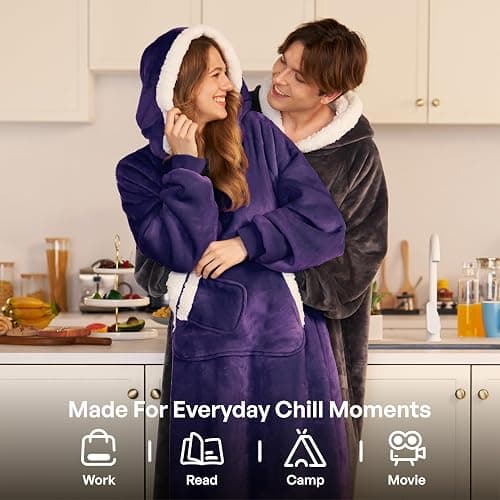 Giggling Getup Wearable Blanket Hoodie for Women Men Gifts for Women Mom Wife Sherpa Fleece Long Hooded Blanket Sweatshirt Cozy Sherpa Wearable Throw with Pocket & Sleeves for Adult Standard Purple thumbnail 5