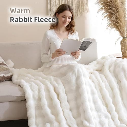 Smoofy Faux Fur Throw Blanket for Couch – Cream White Fluffy Cozy Rabbit Fleece, Plush Soft Bubble Blanket for Sofa & Bed, for Mom, Warm Fuzzy Home Room Decor Throw 50" x 60" thumbnail 6