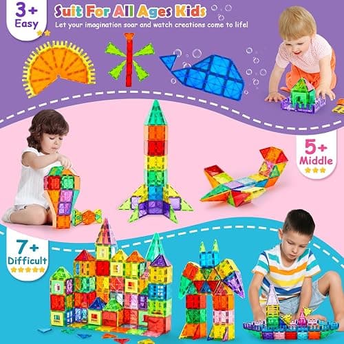 Dopyye Magnetic Building Tiles for Kids, 100 PCS Magnetic Blocks with Storage Bag, Magnet Tiles STEM Educational Stacking Toys Gift for Toddler Ages 3 4 5 6 7 8 9 thumbnail 6