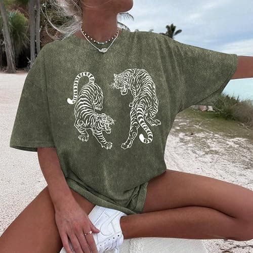 Weetiotio Tiger Graphic Tees Shirt for Women Oversized Streetwear Shirts Acid Wash Tshirt Tigers Print Cotton Summer Tops thumbnail 2