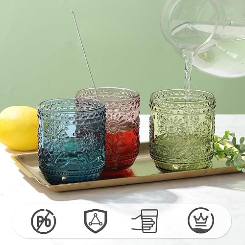 Joeyan Trinkgläser Set Bunte, 4 teiliges 360 ml Hochwertige Gläser Set für 4 Personen, Farbig Wassergläser Spülmaschinenfest, Saftgläser, Modernes Blume Embossed Design für Picknicks, Camping, Partys thumbnail 5