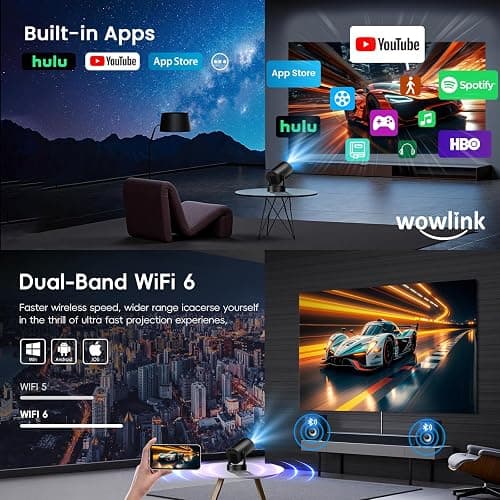 [Built-in App & 2026 Upgraded] Mini Projector with WiFi 6 and Bluetooth 5.4 | Support 4K 1080P Auto Keystone 180° Rotatable Projector Portable Compatibile with HDMI/TV Stick/Memory Stick/Laptop, Black thumbnail 3