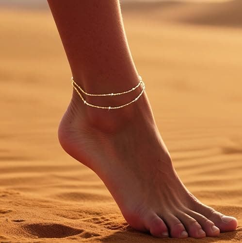 DEARMAY Dainty 14K Gold Plated Ankle Bracelets for Women, Waterproof 14K Gold Plated Link Chain Anklets Non Tarnish Set Pack Summer Beach Jewelry Gift thumbnail 2