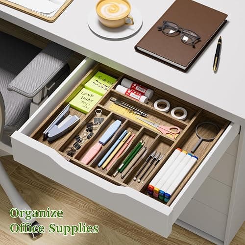 Kiasthome Acacia Wood Kitchen Silverware Drawer Organizer, Expandable Utensil Cutlery Drawer Organizer with Dividers, Flatware Organizer Silverware Tray for Spoon, Fork, 13''-20''x16.9'' (7-9 Slots) thumbnail 4