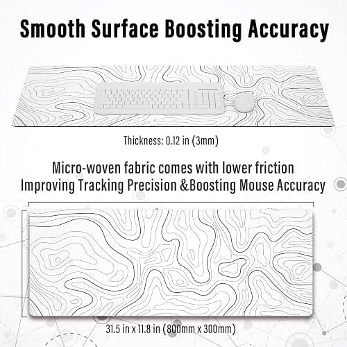 Ovenbird Large Gaming Mouse Pad with Stitched Edges, Minimalist Topographic Map Desk Mat, Extended XL Mousepad with Anti-Slip Base, Cool Desk Pad for Keyboard and Mouse, 31.5 x 11.8 in, White thumbnail 3