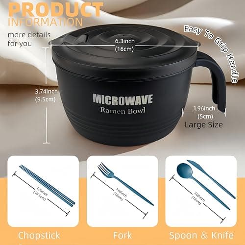 Layron 2 Sets Microwave Ramen Cooker Bowl 45 oz Instant Noodle Bowl with Handles Ramen Noodle Cooker with Spoon Chopsticks Fork Knife College Dorm Room Essentials for Boys Girls (Black, Black) thumbnail 3