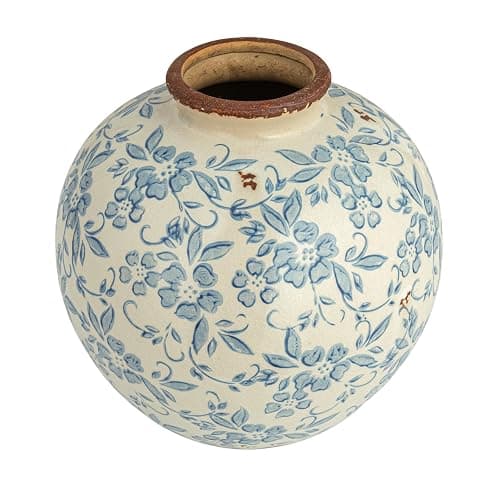 Creative Co-Op DF2720 8" H Terracotta Floral Transferware Pattern & Crackle Finish Vase, Blue - Image 1