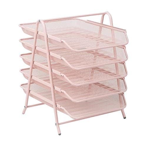 Mind Reader 5-Tier Paper Tray Organizer, Vertical Desktop File Storage Rack, Office, Metal Mesh, Pink thumbnail 7