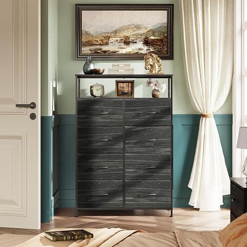 WLIVE Fabric Dresser for Bedroom with Open Shelves, Tall Dresser with 8 Drawers, Storage Tower with Fabric Bins, Chest of Drawers for Closet, Living Room, Hallway, Charcoal Black Wood Grain Print - Charcoal Black Wood Grain Print - Raised Shelves thumbnail 4