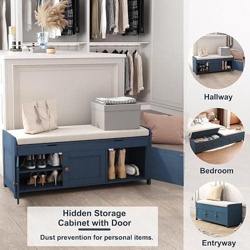 HOMEFORT 41.3" Shoe Bench with Lift Top Storage, Entryway Bench with Cushioned Seat, Wooden End of Bed Bench, Shoe Cabinet Bench with Hidden Storage Space, for Bedroom, Hallway,Blue thumbnail 4