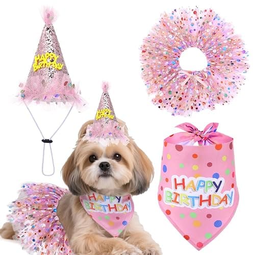 Dog Birthday Bandana with Hat and Dress Girl Set Puppy Birthday Party Supplies Cute Tutu Skirt Outfit for Small Medium Large Dogs Decorations(Pink) - Image 1