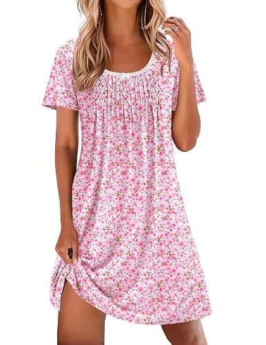 Ekouaer Nightgowns for Women Pleated Sleep Shirts Short Sleeve Night Shirts Lace Trim Night Gown Ladies Sleep Dress - Image 1
