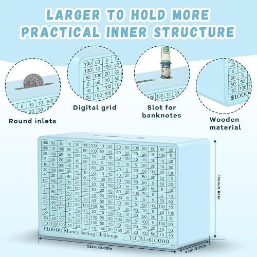 Wooden Money Saving Box, Cash Vault Savings Box for $10000 $5000 $3000 $1000 $800 $500 Target Money Saving Challenge, Reusable Money Box with Counter, Dry Erase Pen/Savings Trackers/Rubber Band-Blue thumbnail 3
