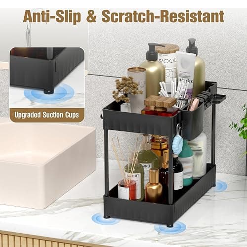 Latoxcaa 3 Pack Under Sink Organizer for Bathroom, ABS Material Pull Out Kitchen Organizers and Storage with Hooks Hanging Cup, 2 Tier Multi-Use Cabinet Organizer Storage for Bedroom/Office, Black - Double Pull-out+medium Size thumbnail 5