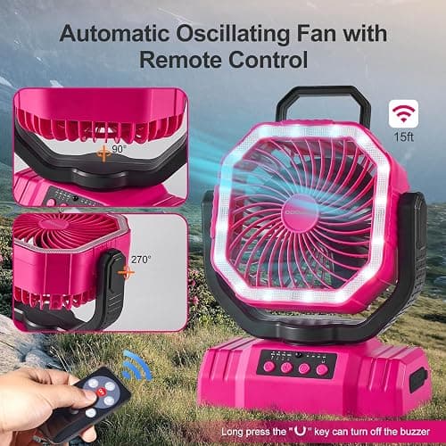Odoland Portable Camping Fan with LED Lantern, 20000mAh Rechargeable Battery Powered Fan with Auto Oscillation, Timer, Remote, 360° Rotation Hook, 4 Speeds for Power Outage Travel Home, Pink thumbnail 5