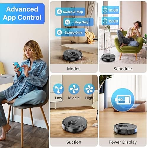Tikom Robot Vacuum and Mop Combo, 5000Pa Robotic Vacuum Cleaner, 150 Min Max, App & Remote Control, Ideal for Hard Floor, Carpet, Pet Hair, Self-Charge(G8000 Max) thumbnail 4