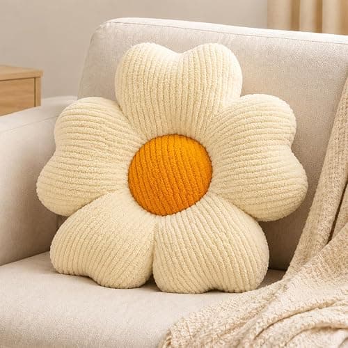 QFWFG Flower Floor Cushion, Soft Plush Daisy Throw Pillow, Aesthetic Cute Floor Pillow Decorative Scatter Seat Cushion for Sofa Bed Bedroom Home Decor, White 15.7 Inch - Image 1