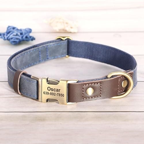 Personalized Leather Dog Collars, Buckle, Blue,L | Custom with Pet Name and Phone Number, Soft and Durable PU Leather, Adjustable for Large Dogs, Daily Walks, L,Neck 16-23" thumbnail 2