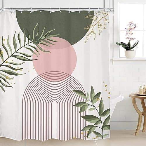 Mitpok Pink Sage Green Boho Shower Curtain 60Wx72H Mid Century Modern Abstract Gold Leaves Plant Sun Bathroom Decor Minimalist Geometric Arch Line Aesthetic Bath Curtain Fabric Polyester 12 Pack Hooks - 60"W x 72"L (Pack of 1) - Green Pink