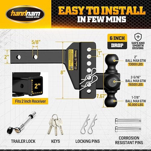 HANDNAM Drop Hitch Adjustable Trailer Hitch, Tow Hitch with 6-Inch Drop/Rise for Truck (16,500 LBS GTW), Adjustable Drop Hitch Fits 2-Inch Receiver, Trailer Hitches with Double Anti-Theft Pins Locks thumbnail 6