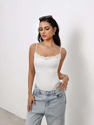Starrylion Lace Body Suit Square Neck Tops for Women Sleeveless Spaghetti Strap Tank Top Bodysuits for Women Sexy Jumpsuit thumbnail 6
