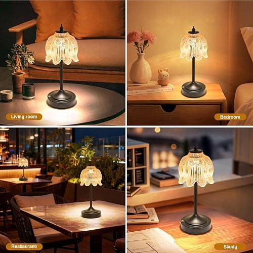 Crkwos Cordless Table Lamp, Rechargeable Amber Glass Lotus Flower Lamp | 5200mAh touch lamp with 3 color modes and stepless dimming, battery operated lamp for nightstands and kitchen counters thumbnail 8