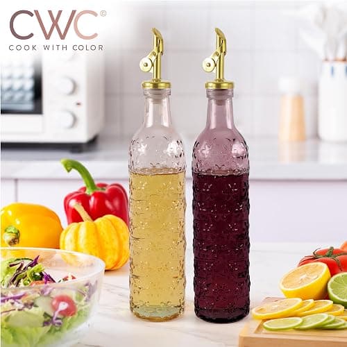 COOK WITH COLOR Glass Olive Oil Bottle Dispenser - 2 Pack- 17oz Oil and Vinegar Cruet - Olive Oil Carafe Decanter for Kitchen, Floral, Pink thumbnail 8