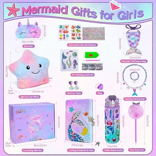 Cherry Tale Mermaid Toys Gifts for Girls 4-6 7 8 9 10 Years Old, Girls Birthday Gifts Set with Light Up Star Pillow Diary Plush DIY Water Bottle Kits, for Daughter Niece Christmas thumbnail 2