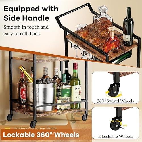 LOTEYIKE 3 Tier Bar Cart, Mini Liquor Utility Cart for Wine Beverage Dinner Party, Rolling Wine Coffee Drink Serving Cart with Lockable Wheels for Home Kitchen Bars (Rustic Brown) thumbnail 4