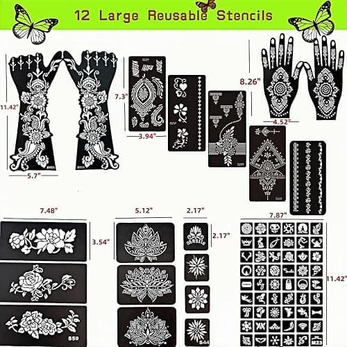Temporary Tattoos Kit - Large 12 Sheets Temporary Tattoo Stencil Kit - 78 Unique Tattoo Designs - 6 Pcs (Brown/Black/Maroon) Ink with Paint Brush for DIY Body Art - Tattoos for Women Men Kids thumbnail 3