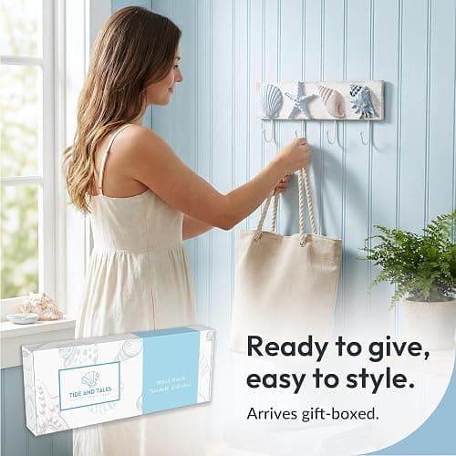 Tide and Tales Seashell Towel Rack, Beach Decor for Bathroom, Coastal Theme | 16.5", 3d Textured Seashells, 4 Strong Hooks, for Bathroom, Bedroom or Kitchen, Beach House Decor, Key Holder, Gift-Boxed thumbnail 8