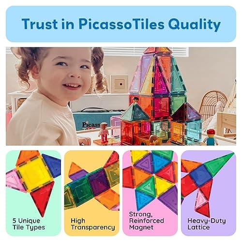 PicassoTiles Magnetic Tiles 60pcs Kids Toys Classroom Sensory Toy for Toddlers STEM Learning Building Blocks, Montessori Pretend Play Magnet Tile Construction Stacking Block Boys Girls Ages 3+ PT60 thumbnail 7