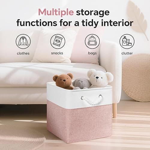 ECDYQXVU 13x13 Inch Cube Storage Bins with Reinforced Bottom Cardboard, 6 Pack Large Foldable Fabric Storage Cubes with Handles for Shelf, Closet, Laundry Organization (White&Pink) thumbnail 5