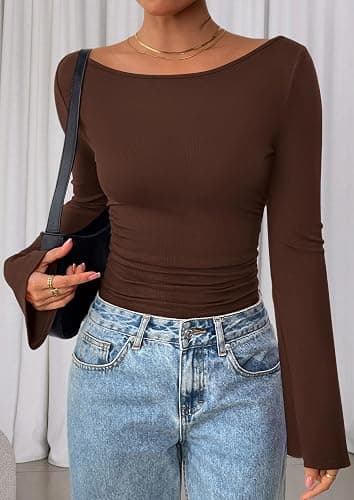 Women's Long Sleeve Shirts 2025 Fall Crop Going Out Tops Casual Boat Neck Bell Sleeve Ribbed Ruched Y2K Clothes thumbnail 4
