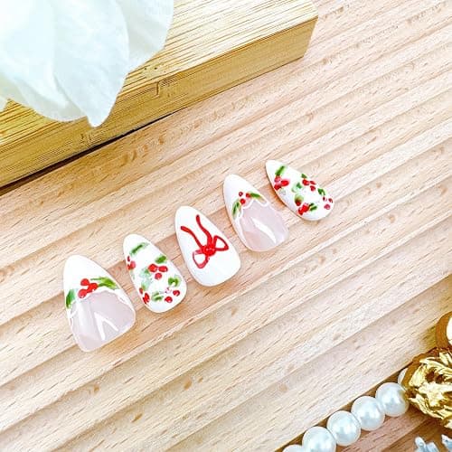 24pcs Christmas Press on Nails Short Almond Fake Nails with Red Rhinestones Designs Xmas Holly Bow False Nail White French Tip Acrylic Nails Cute Full Cover Glue on Nail for Women DIY Manicure thumbnail 5
