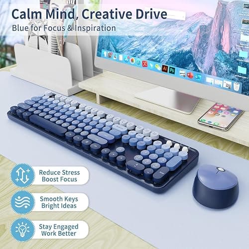 Nowlike Wireless Keyboard and Mouse Combo, Retro Typewriter Keyboard with Round Keycaps, Full-Size Ergonomic, Blue, Ideal for Windows PC, Home, Office, and College, Wireless Keyboard Mouse Combo thumbnail 2