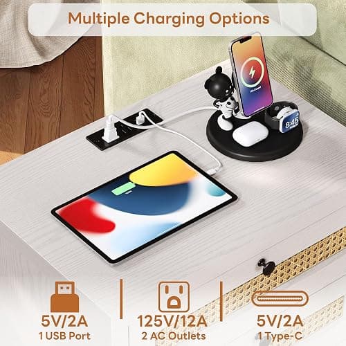 LIKIMIO Night Stand, 23" Wide Nightstand with Charging Station, Boho Side Table with Drawers and Open Shelf, Rattan Bedside End Table for Bedroom, White Oak thumbnail 3