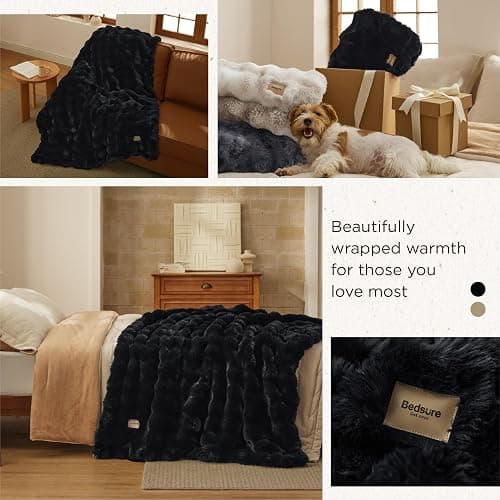 Bedsure GentleSoft Fluffy Faux Fur Throw Blanket for Couch, Soft Fuzzy Bubble Blanket Home Decor Gifts for Bedroom Living Room, Thick Warm Furry Cozy Gifts for Women, Black, 50x60 Inch thumbnail 6