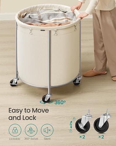 SONGMICS 63.5-Gallon (240 L) Laundry Basket with Wheels, Rolling Round Heavy-Duty Laundry Hamper Cart with Steel Frame and Removable Bag, 2 Locking Wheels, Cream White and Metallic Silver URLS012W01 thumbnail 7