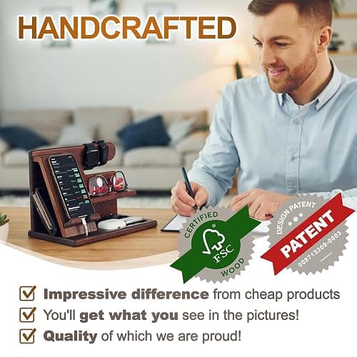 TESLYAR Wood Phone Docking Station for Men - Desktop or Nightstand Organizer - Birthday Gifts for Men, Dad - Anniversary Idea from Wife - Key Holder, Stand Wallet, Watch & Essentials (Bourbon Brown) thumbnail 6