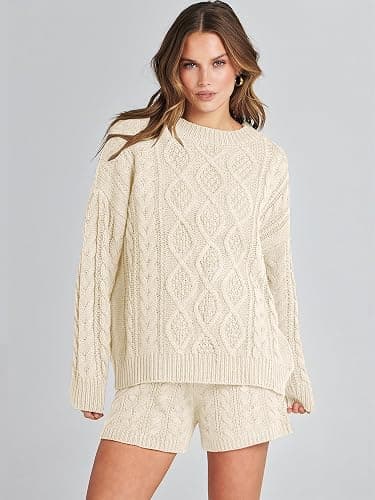 ANRABESS Women 2 Piece Outfits Sweater Lounge Loungewear Sets 2025 Winter Cable Knit Oversized Sweaters Shorts Matching Sets thumbnail 2