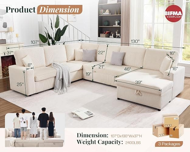 Jocisland Oversized Sofa Bed, 130" Sleeper Sofa, Pull Out Sleeper Couch with Storage, Convertible 6-Seater Sofa Bed for Living Room, Corduroy Beige Couch thumbnail 3