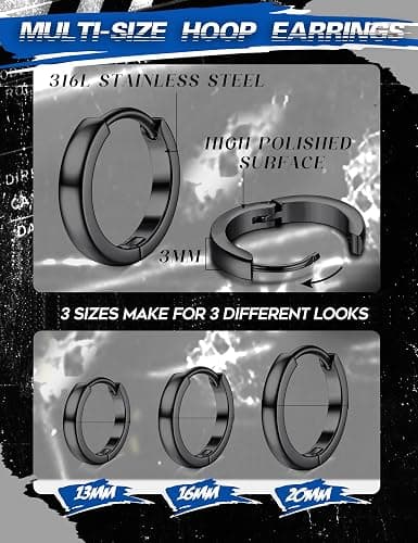 Jstyle 3Pairs Stainless Steel Mens Womens Hoop Earrings Huggie Ear Piercings Hypoallergenic 12/16/20mm thumbnail 6