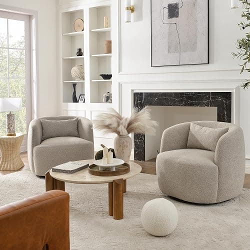 KINWELL 34" Wide Boucle Swivel Barrel Chairs Set of 2, No Assembly Round Upholstered Armchairs Accent Chairs Single Sofa Chair with Toss Pillow for Living Room and Bedroom, Taupe thumbnail 5