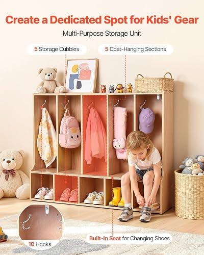 VEVOR 5-Section Coat Locker with Bench, Kids Lockers with 10 Hooks & Non-Slip Mat, Classroom Cubbies for Daycare, Home, Kindergarten- Natural thumbnail 3