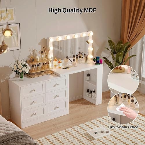 VOWNER Vanity Desk and Dresser Combo, Extendable Makeup Vainty with with Lighted Mirror & Power Outlet, Wood Corner Vanity with 6 Drawer Dresser, Makeup Table for Women, Bedroom Dressing Table(White) thumbnail 7