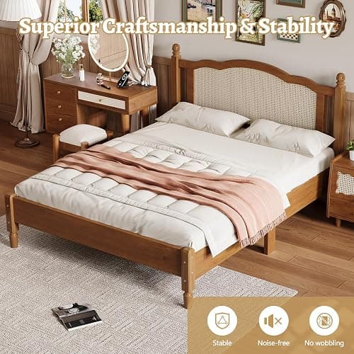 Anwick Queen Size Boho Rattan Bed Frame with Headboard, Noise-Free | Walnut Wooden Platform Bed Wooden Slat Support Silent, Vintage Bedframe , No Box Spring Needed thumbnail 6